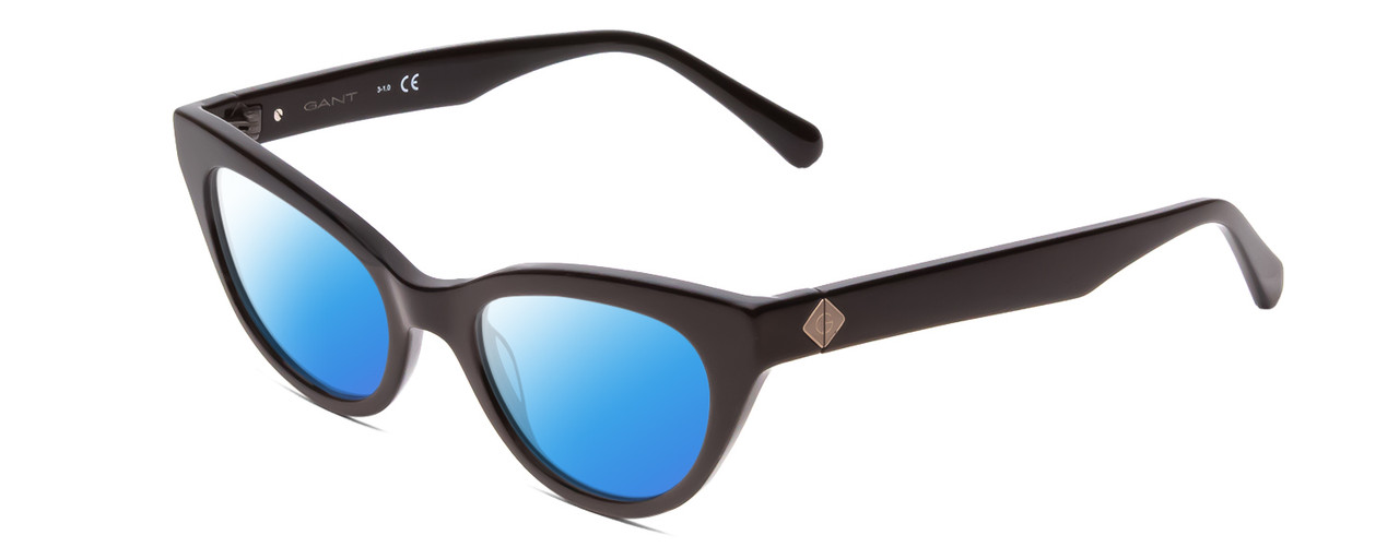 Profile View of GANT GA4100 Designer Polarized Sunglasses with Custom Cut Blue Mirror Lenses in Gloss Black Ladies Cateye Full Rim Acetate 51 mm