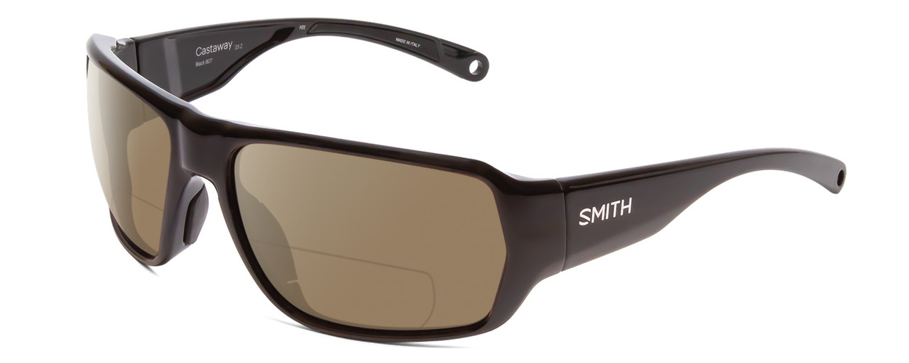 Profile View of Smith Optics Castaway Designer Polarized Reading Sunglasses with Custom Cut Powered Amber Brown Lenses in Gloss Black Unisex Wrap Full Rim Acetate 63 mm