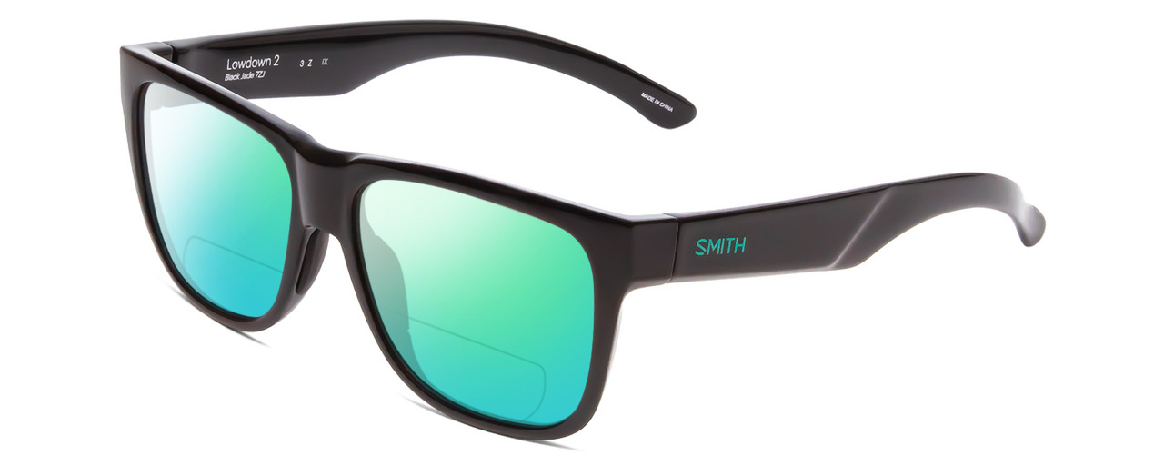 Profile View of Smith Optics Lowdown 2 Designer Polarized Reading Sunglasses with Custom Cut Powered Green Mirror Lenses in Gloss Black Jade Green Unisex Classic Full Rim Acetate 55 mm