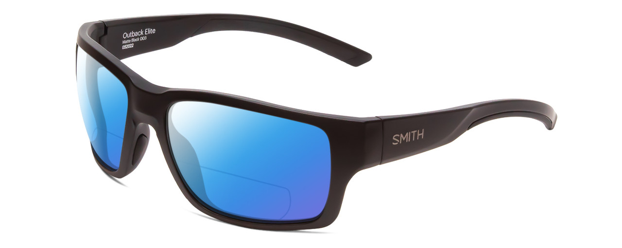 Profile View of Smith Optics Outback Elite Designer Polarized Reading Sunglasses with Custom Cut Powered Blue Mirror Lenses in Matte Black Unisex Square Full Rim Acetate 59 mm