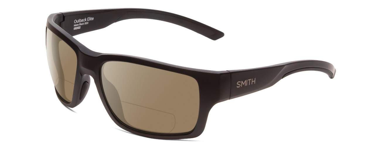 Profile View of Smith Optics Outback Elite Designer Polarized Reading Sunglasses with Custom Cut Powered Amber Brown Lenses in Matte Black Unisex Square Full Rim Acetate 59 mm