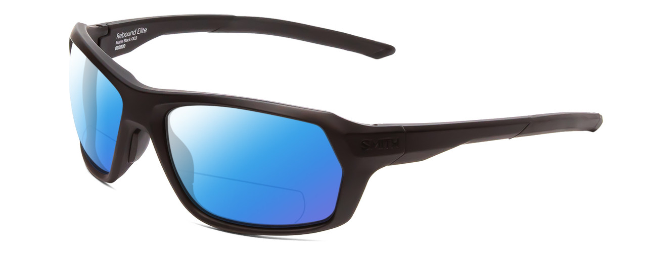 Profile View of Smith Optics Rebound Elite Designer Polarized Reading Sunglasses with Custom Cut Powered Blue Mirror Lenses in Matte Black Unisex Rectangle Full Rim Acetate 59 mm