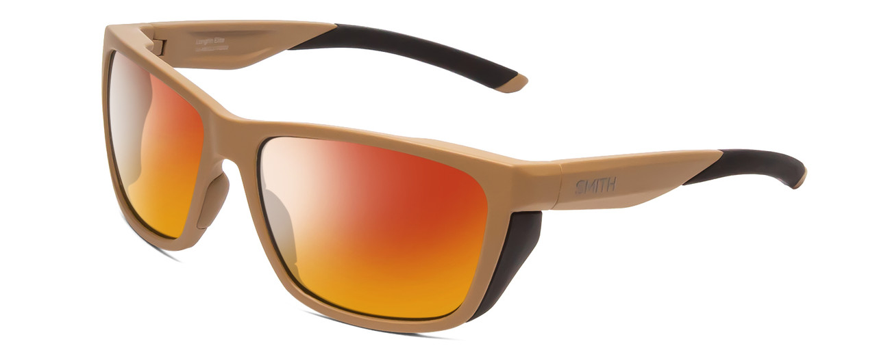Profile View of Smith Optics Longfin Elite Designer Polarized Sunglasses with Custom Cut Red Mirror Lenses in Tan 499 Brown Unisex Wrap Full Rim Acetate 59 mm