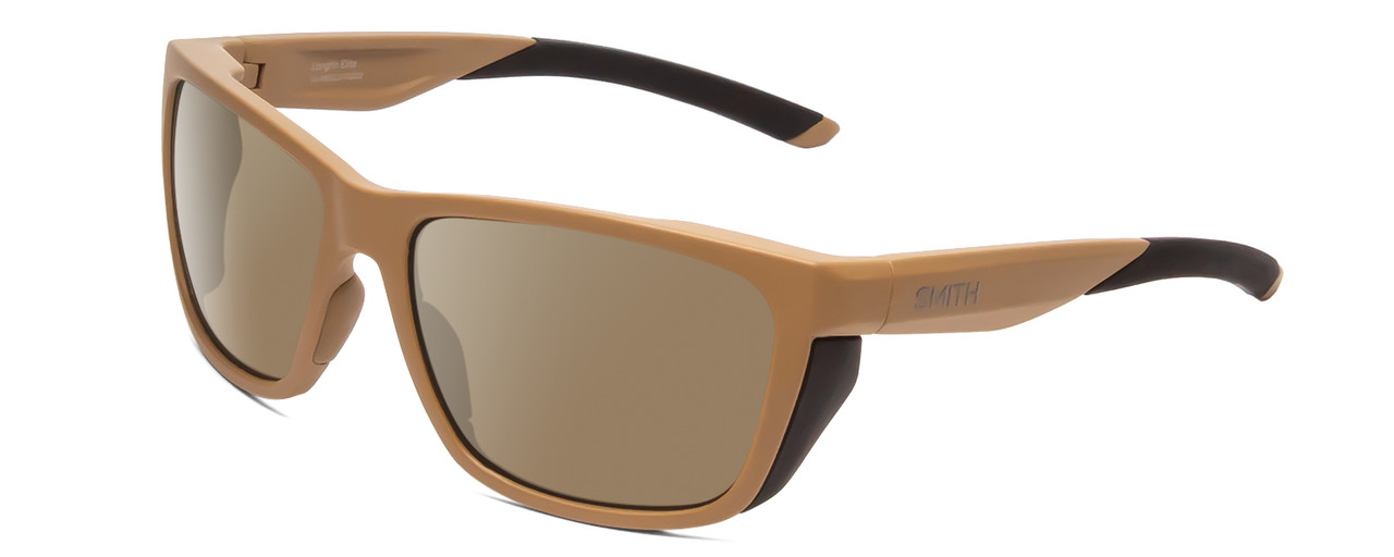 Profile View of Smith Optics Longfin Elite Designer Polarized Sunglasses with Custom Cut Amber Brown Lenses in Tan 499 Brown Unisex Wrap Full Rim Acetate 59 mm