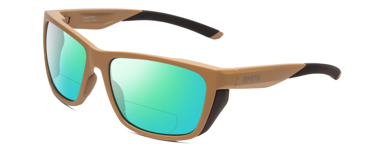 Profile View of Smith Optics Longfin Elite Designer Polarized Reading Sunglasses with Custom Cut Powered Green Mirror Lenses in Tan 499 Brown Unisex Wrap Full Rim Acetate 59 mm