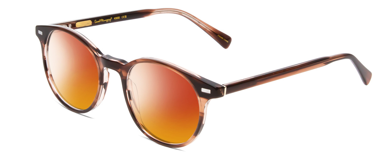 Profile View of Ernest Hemingway H4908 Designer Polarized Sunglasses with Custom Cut Red Mirror Lenses in Brown Amber Crystal Unisex Round Full Rim Acetate 49 mm