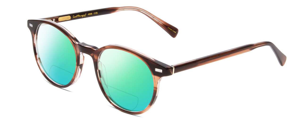 Profile View of Ernest Hemingway H4908 Designer Polarized Reading Sunglasses with Custom Cut Powered Green Mirror Lenses in Brown Amber Crystal Unisex Round Full Rim Acetate 49 mm