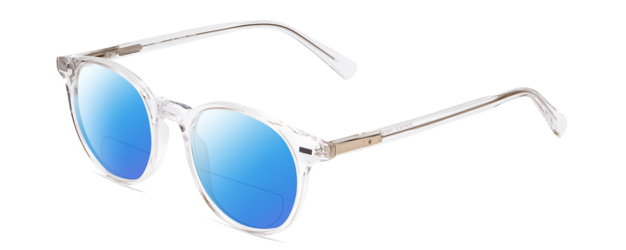 Profile View of Ernest Hemingway H4908 Designer Polarized Reading Sunglasses with Custom Cut Powered Blue Mirror Lenses in Clear Crystal Unisex Round Full Rim Acetate 49 mm