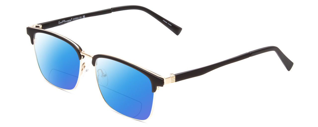 Profile View of Ernest Hemingway H4904 Designer Polarized Reading Sunglasses with Custom Cut Powered Blue Mirror Lenses in Matte Black/Gold Unisex Cateye Full Rim Acetate 55 mm