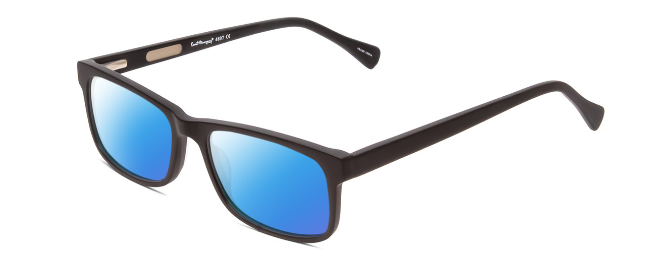 Profile View of Ernest Hemingway H4807 Designer Polarized Sunglasses with Custom Cut Blue Mirror Lenses in Matte Black Unisex Square Full Rim Acetate 54 mm