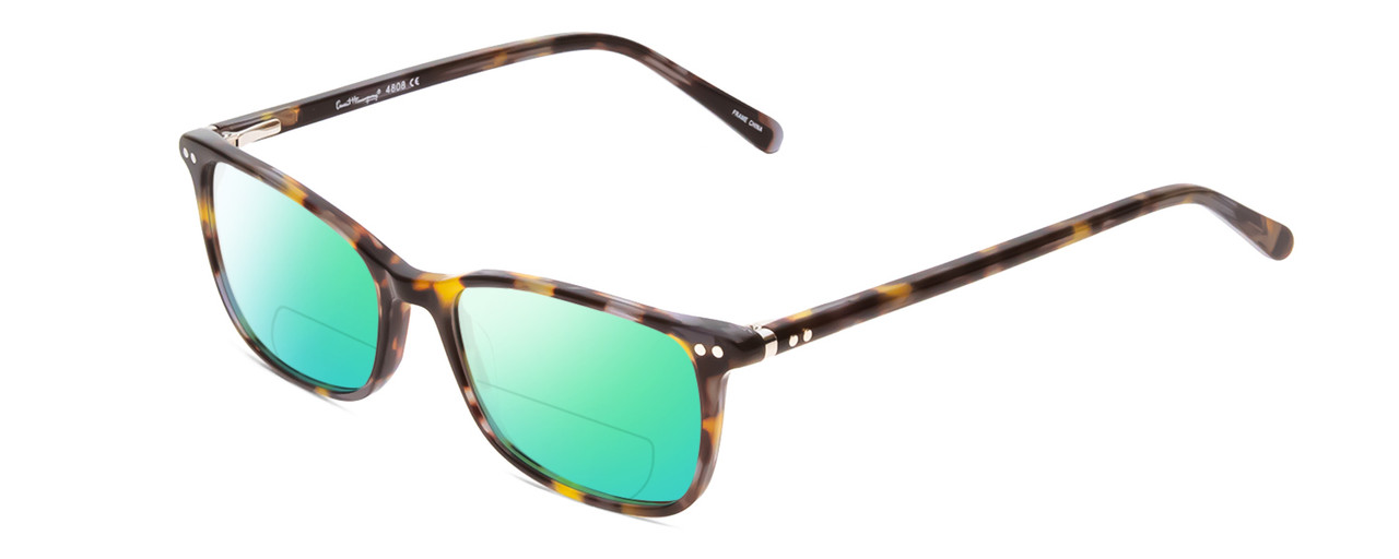 Profile View of Ernest Hemingway H4808 Designer Polarized Reading Sunglasses with Custom Cut Powered Green Mirror Lenses in Brown Yellow Gold Marble Ladies Cateye Full Rim Acetate 52 mm