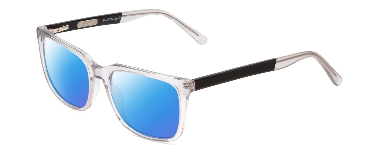Profile View of Ernest Hemingway H4823 Designer Polarized Sunglasses with Custom Cut Blue Mirror Lenses in Clear Crystal/Matte Black Unisex Square Full Rim Acetate 53 mm
