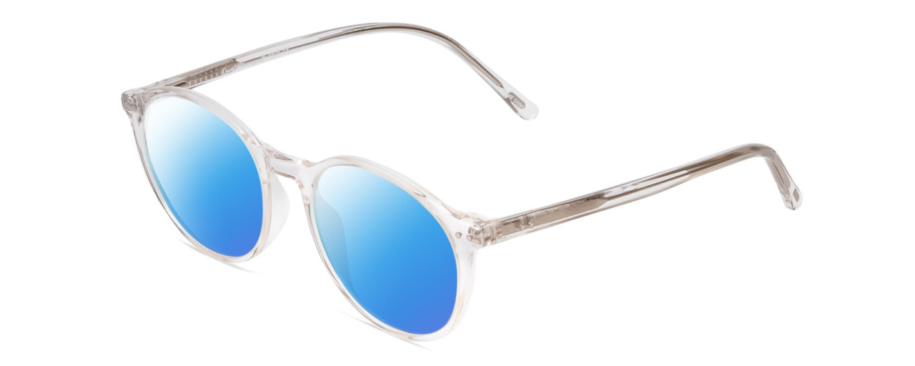 Profile View of Ernest Hemingway H4835 Designer Polarized Sunglasses with Custom Cut Blue Mirror Lenses in Clear Crystal Silver Glitter Ladies Round Full Rim Acetate 50 mm