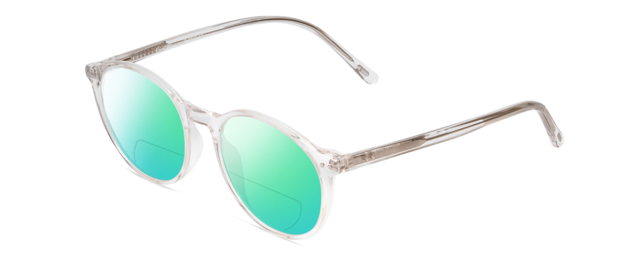 Profile View of Ernest Hemingway H4835 Designer Polarized Reading Sunglasses with Custom Cut Powered Green Mirror Lenses in Clear Crystal Silver Glitter Ladies Round Full Rim Acetate 50 mm