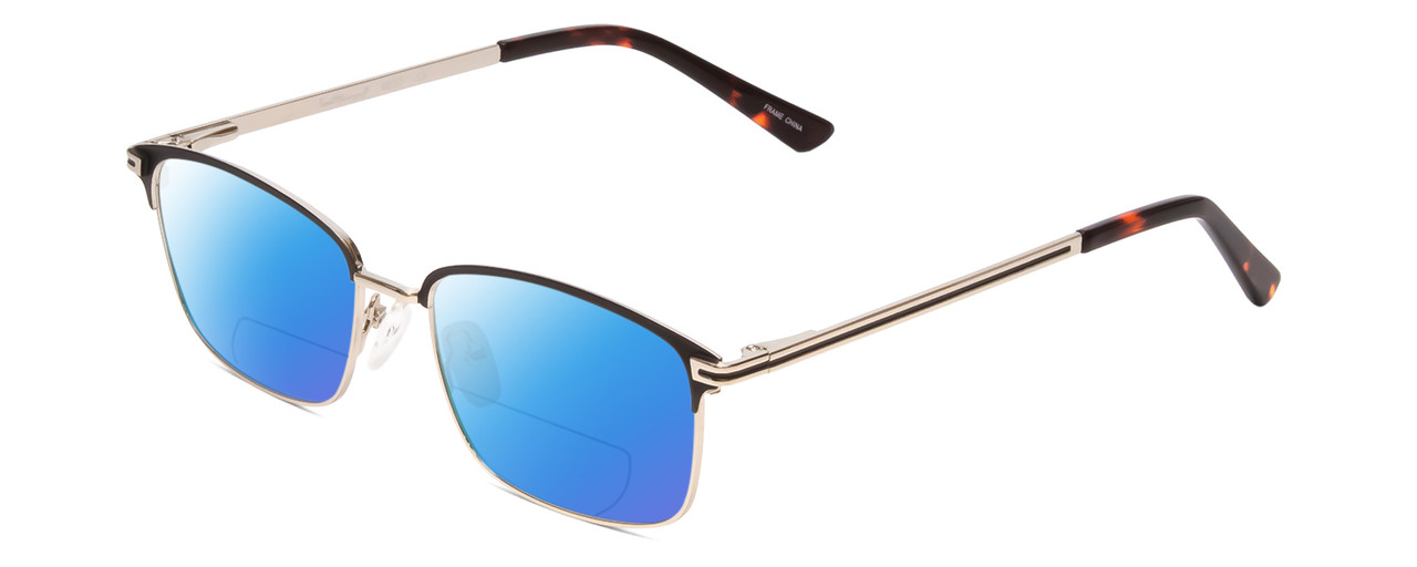 Profile View of Ernest Hemingway H4837 Designer Polarized Reading Sunglasses with Custom Cut Powered Blue Mirror Lenses in Metallic Black Silver/Auburn Tortoise Unisex Cateye Full Rim Stainless Steel 53 mm