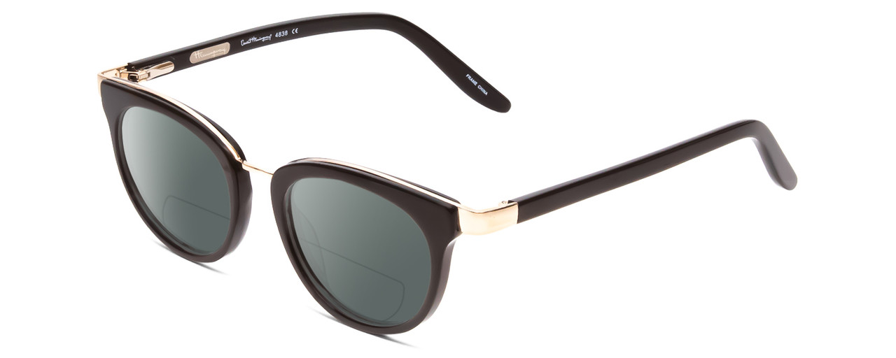 Profile View of Ernest Hemingway H4838 Designer Polarized Reading Sunglasses with Custom Cut Powered Smoke Grey Lenses in Gloss Black/Gold Accents Ladies Cateye Full Rim Acetate 49 mm