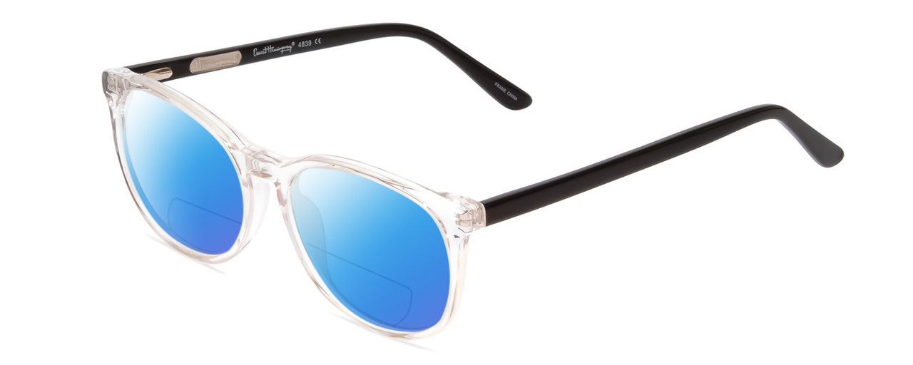 Profile View of Ernest Hemingway H4839 Designer Polarized Reading Sunglasses with Custom Cut Powered Blue Mirror Lenses in Clear Crystal/Gloss Black Unisex Cateye Full Rim Acetate 52 mm