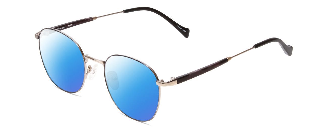 Profile View of Ernest Hemingway H4841 Designer Polarized Sunglasses with Custom Cut Blue Mirror Lenses in Silver Black Crystal Marble  Unisex Round Full Rim Stainless Steel 50 mm