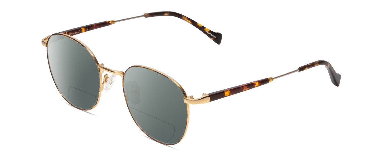 Profile View of Ernest Hemingway H4841 Designer Polarized Reading Sunglasses with Custom Cut Powered Smoke Grey Lenses in Gold Brown Yellow Tortoise Havana Unisex Round Full Rim Stainless Steel 50 mm