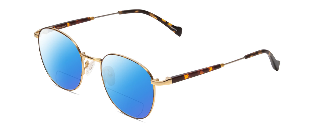 Profile View of Ernest Hemingway H4841 Designer Polarized Reading Sunglasses with Custom Cut Powered Blue Mirror Lenses in Gold Brown Yellow Tortoise Havana Unisex Round Full Rim Stainless Steel 50 mm