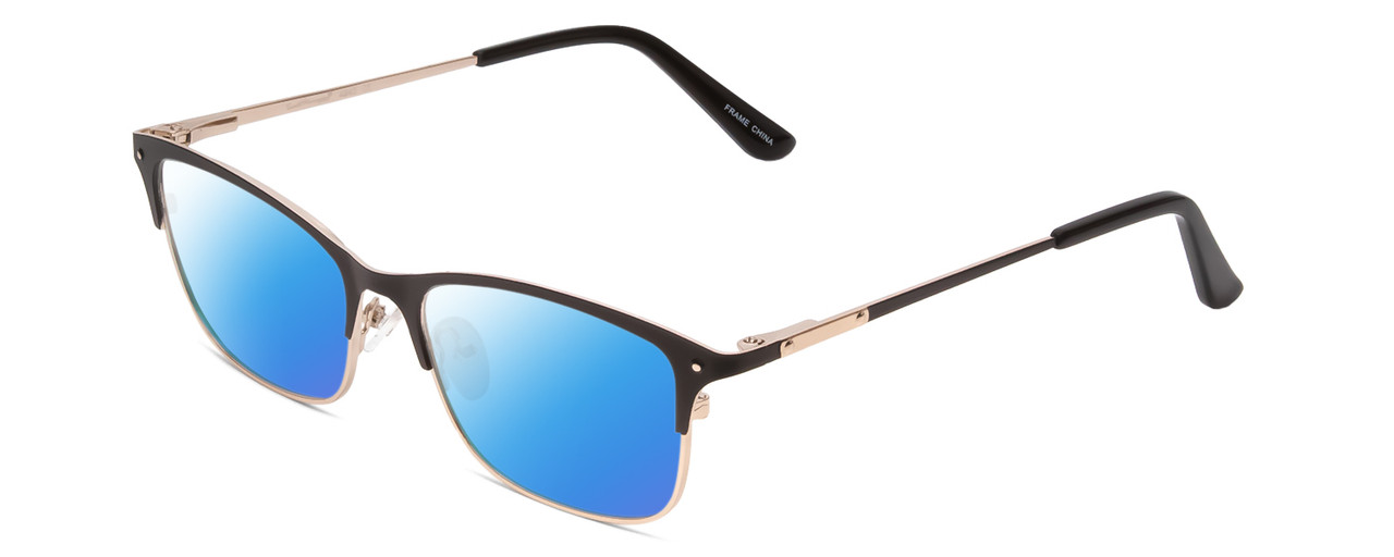 Profile View of Ernest Hemingway H4842 Designer Polarized Sunglasses with Custom Cut Blue Mirror Lenses in Satin Metallic Black Gold  Unisex Cateye Full Rim Stainless Steel 52 mm
