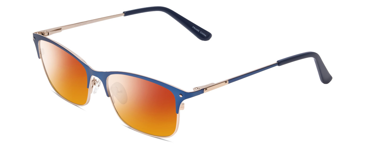 Profile View of Ernest Hemingway H4842 Designer Polarized Sunglasses with Custom Cut Red Mirror Lenses in Satin Metallic Blue Silver Unisex Cateye Full Rim Stainless Steel 52 mm