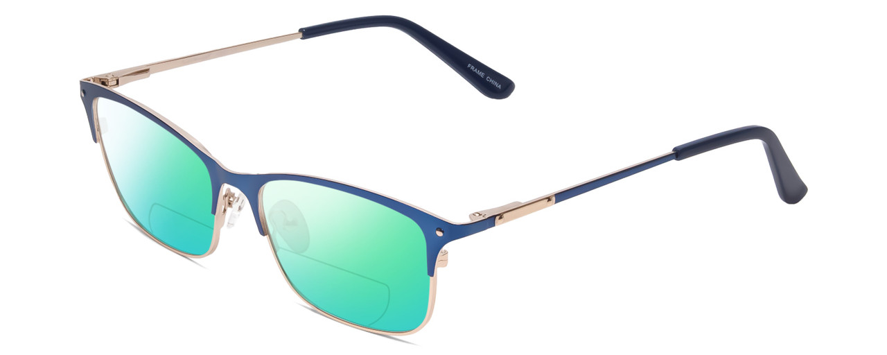 Profile View of Ernest Hemingway H4842 Designer Polarized Reading Sunglasses with Custom Cut Powered Green Mirror Lenses in Satin Metallic Blue Silver Unisex Cateye Full Rim Stainless Steel 52 mm