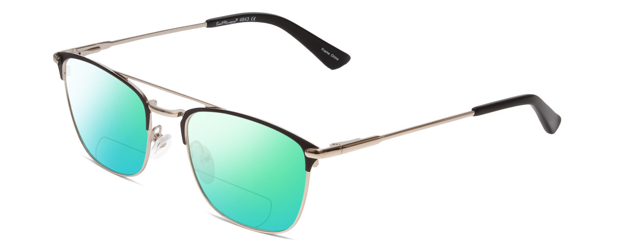 Profile View of Ernest Hemingway H4843 Designer Polarized Reading Sunglasses with Custom Cut Powered Green Mirror Lenses in Satin Metallic Black Silver Unisex Pilot Full Rim Stainless Steel 53 mm