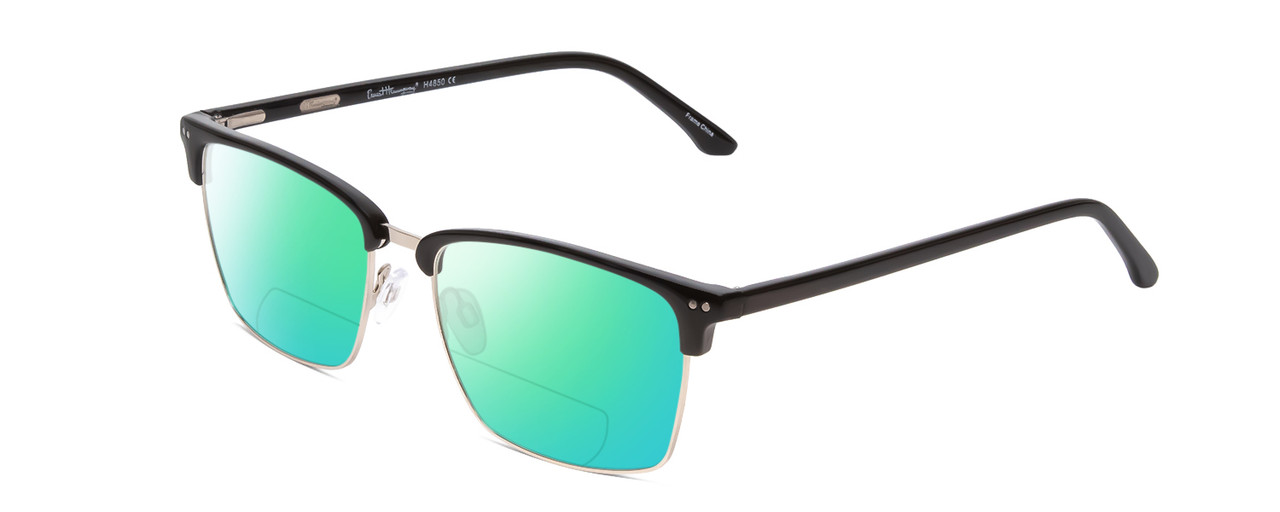 Profile View of Ernest Hemingway H4850 Designer Polarized Reading Sunglasses with Custom Cut Powered Green Mirror Lenses in Gloss Black Silver Unisex Cateye Full Rim Acetate 58 mm