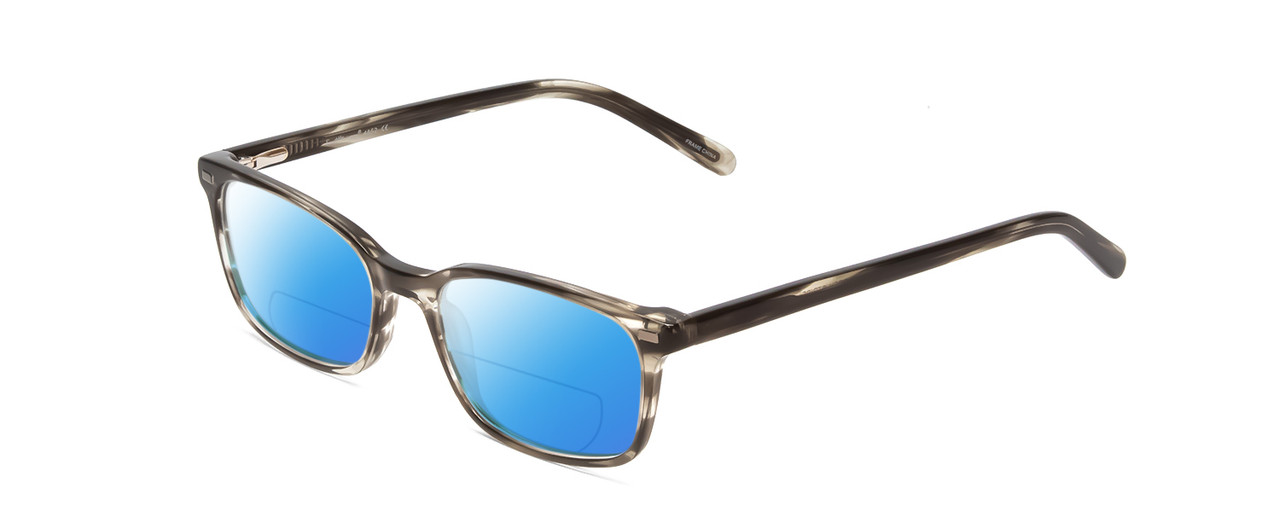 Profile View of Ernest Hemingway H4852 Designer Polarized Reading Sunglasses with Custom Cut Powered Blue Mirror Lenses in Grey Black Clear Stripe Unisex Rectangle Full Rim Acetate 51 mm