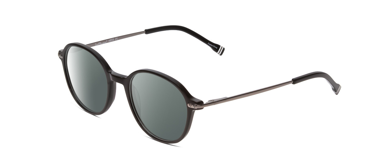 Profile View of Ernest Hemingway H4855 Designer Polarized Sunglasses with Custom Cut Smoke Grey Lenses in Gloss Black Gun Metal/Striped White Green Tips Unisex Round Full Rim Acetate 48 mm