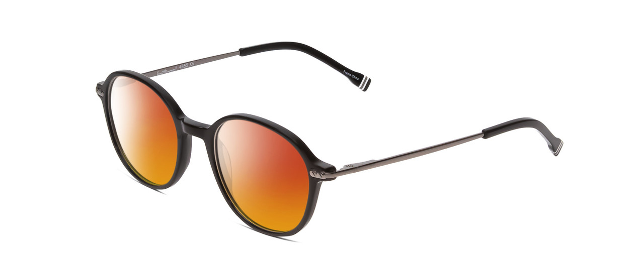 Profile View of Ernest Hemingway H4855 Designer Polarized Sunglasses with Custom Cut Red Mirror Lenses in Gloss Black Gun Metal/Striped White Green Tips Unisex Round Full Rim Acetate 48 mm