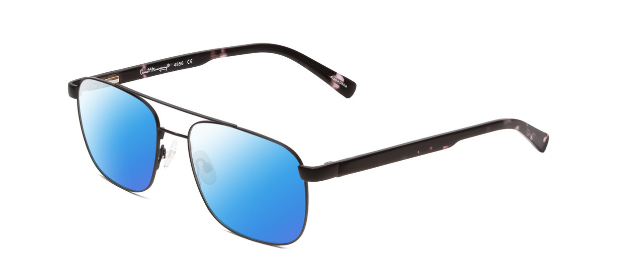 Profile View of Ernest Hemingway H4856 Designer Polarized Sunglasses with Custom Cut Blue Mirror Lenses in Satin Metallic Black/Lilac Plum Tortoise Unisex Pilot Full Rim Stainless Steel 54 mm