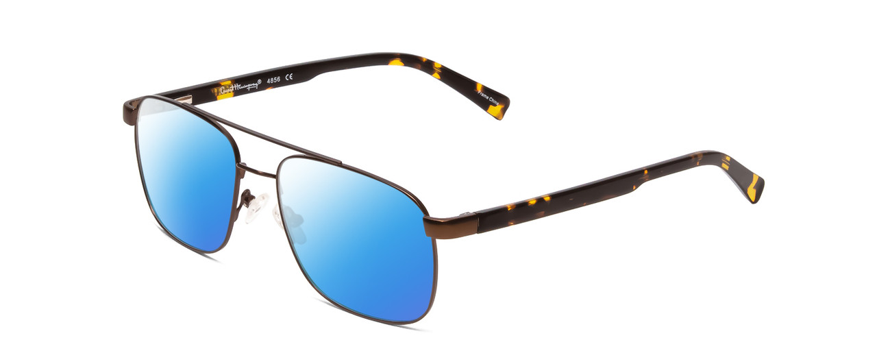 Profile View of Ernest Hemingway H4856 Designer Polarized Sunglasses with Custom Cut Blue Mirror Lenses in Satin Metallic Brown/Brown Gold Tortoise Unisex Pilot Full Rim Stainless Steel 54 mm