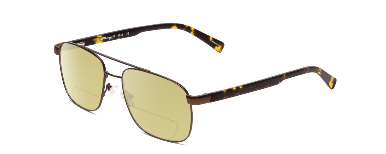 Profile View of Ernest Hemingway H4856 Designer Polarized Reading Sunglasses with Custom Cut Powered Sun Flower Yellow Lenses in Satin Metallic Brown/Brown Gold Tortoise Unisex Pilot Full Rim Stainless Steel 54 mm