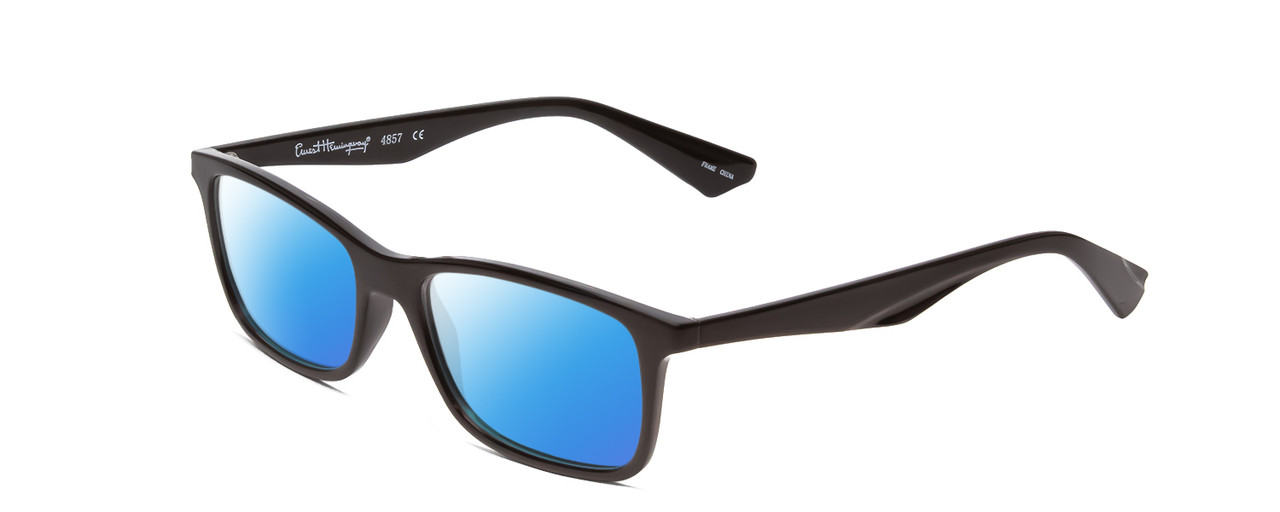 Profile View of Ernest Hemingway H4857 Designer Polarized Sunglasses with Custom Cut Blue Mirror Lenses in Gloss Black Unisex Cateye Full Rim Acetate 53 mm