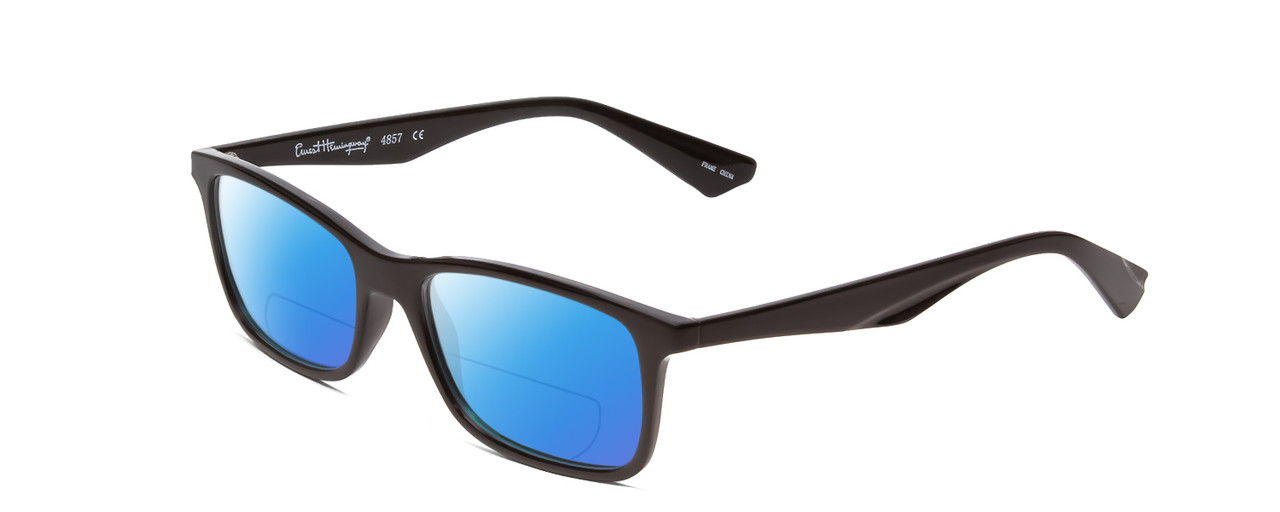 Profile View of Ernest Hemingway H4857 Designer Polarized Reading Sunglasses with Custom Cut Powered Blue Mirror Lenses in Gloss Black Unisex Cateye Full Rim Acetate 53 mm