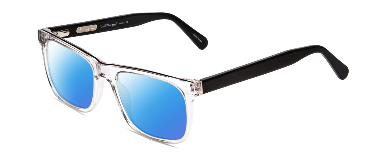 Profile View of Ernest Hemingway H4861 Designer Polarized Sunglasses with Custom Cut Blue Mirror Lenses in Clear Crystal/Gloss Black Unisex Cateye Full Rim Acetate 55 mm
