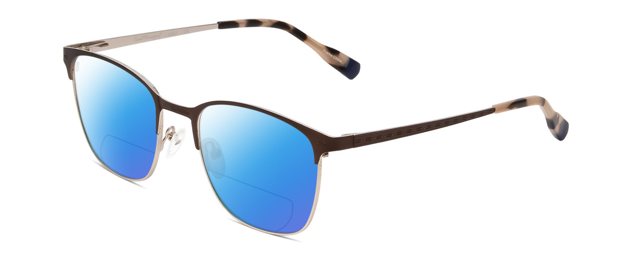Profile View of Ernest Hemingway H4862 Designer Polarized Reading Sunglasses with Custom Cut Powered Blue Mirror Lenses in Satin Brown/Silver Geometric Pattern Unisex Cateye Full Rim Stainless Steel 52 mm