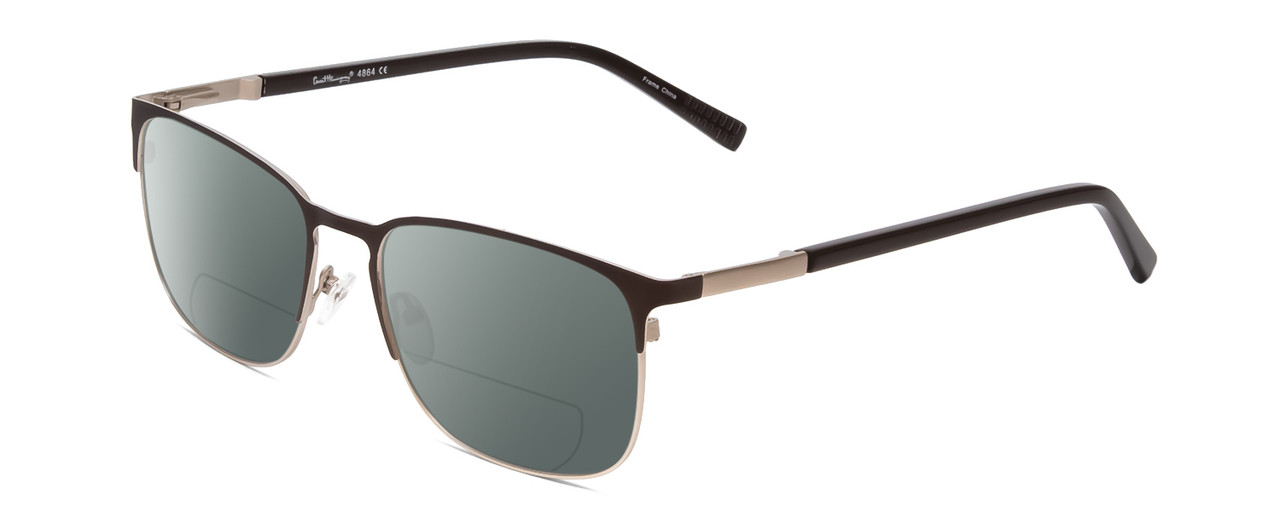 Profile View of Ernest Hemingway H4864 Designer Polarized Reading Sunglasses with Custom Cut Powered Smoke Grey Lenses in Matte Brown Satin Silver Unisex Cateye Full Rim Stainless Steel 58 mm