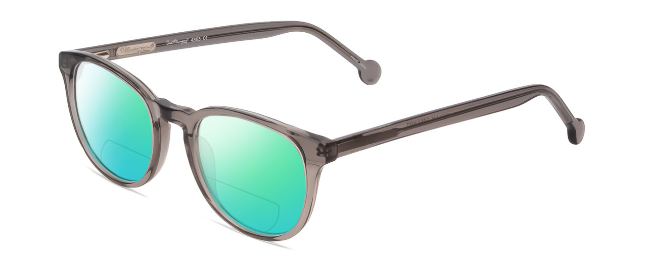 Profile View of Ernest Hemingway H4865 Designer Polarized Reading Sunglasses with Custom Cut Powered Green Mirror Lenses in Grey Mist Crystal/Rounded Tips Unisex Cateye Full Rim Acetate 49 mm