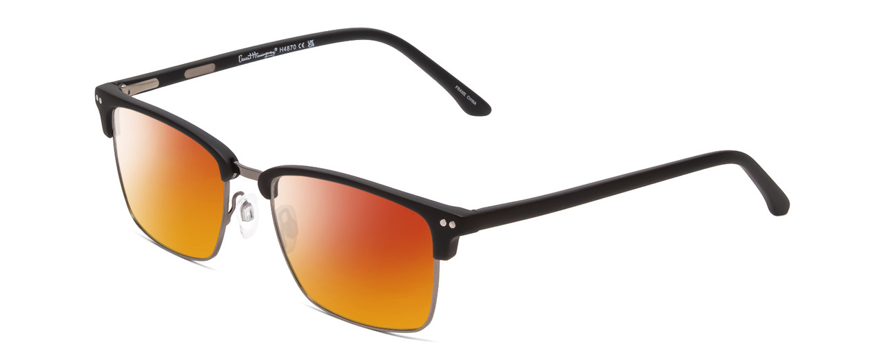 Profile View of Ernest Hemingway H4870 Designer Polarized Sunglasses with Custom Cut Red Mirror Lenses in Matte Black/Shiny Gun Metal Unisex Cateye Full Rim Acetate 53 mm