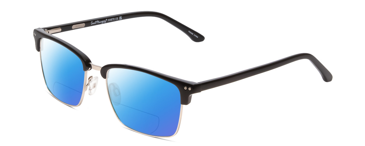 Profile View of Ernest Hemingway H4870 Designer Polarized Reading Sunglasses with Custom Cut Powered Blue Mirror Lenses in Shiny Black/Silver Unisex Cateye Full Rim Acetate 53 mm