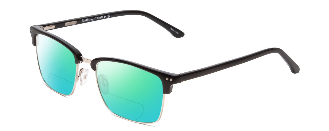 Profile View of Ernest Hemingway H4870 Designer Polarized Reading Sunglasses with Custom Cut Powered Green Mirror Lenses in Shiny Black/Silver Unisex Cateye Full Rim Acetate 53 mm