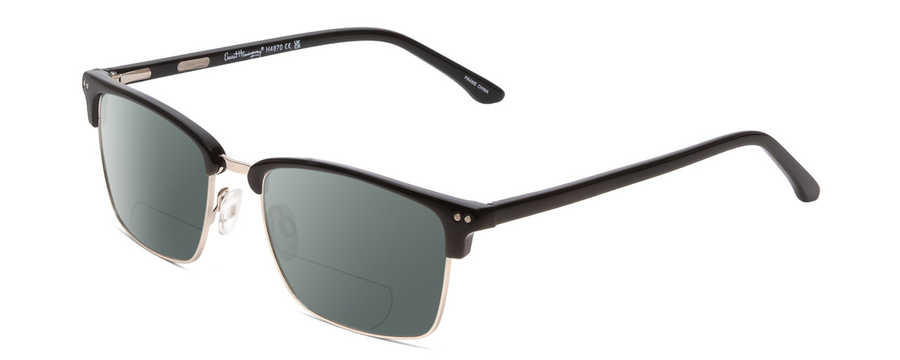 Profile View of Ernest Hemingway H4870 Designer Polarized Reading Sunglasses with Custom Cut Powered Smoke Grey Lenses in Shiny Black/Silver Unisex Cateye Full Rim Acetate 53 mm