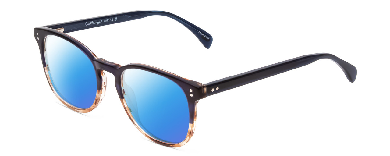Profile View of Ernest Hemingway H4873 Designer Polarized Sunglasses with Custom Cut Blue Mirror Lenses in Navy Blue Fade Unisex Cateye Full Rim Acetate 51 mm