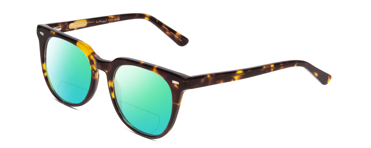 Profile View of Ernest Hemingway H4900 Designer Polarized Reading Sunglasses with Custom Cut Powered Green Mirror Lenses in Gloss Brown Amber Tortoise Havana/Silver Accents Unisex Cateye Full Rim Acetate 52 mm