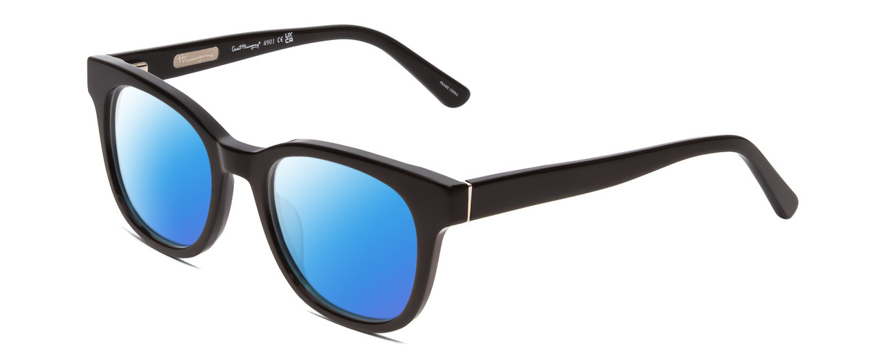 Profile View of Ernest Hemingway H4901 Designer Polarized Sunglasses with Custom Cut Blue Mirror Lenses in Gloss Black Ladies Cateye Full Rim Acetate 51 mm