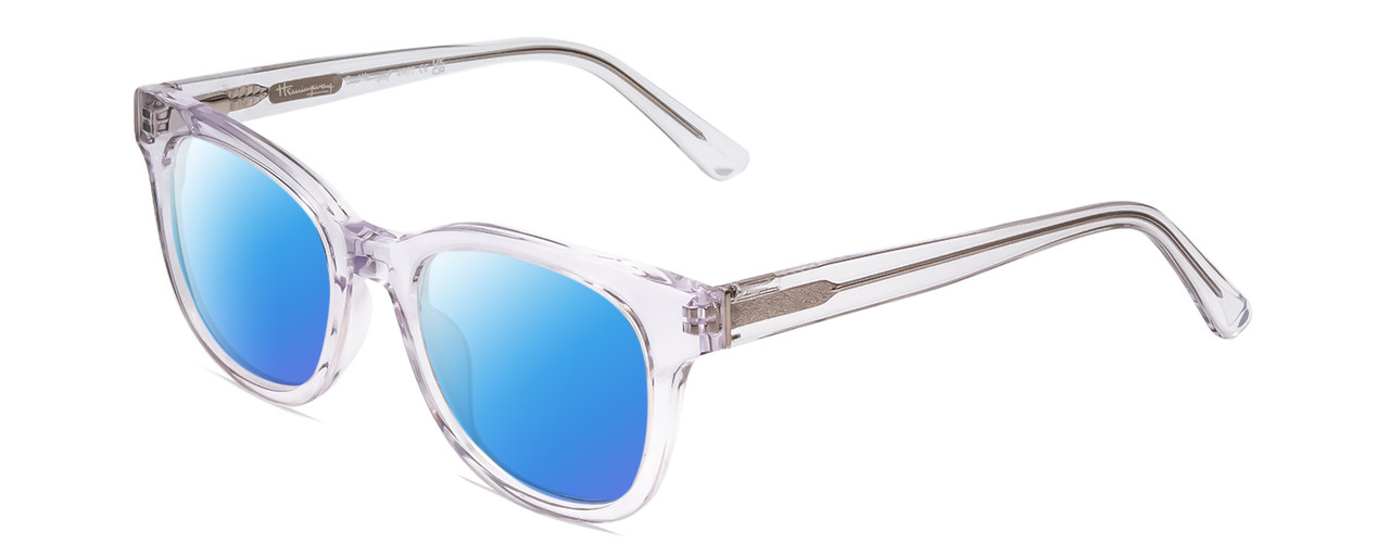 Profile View of Ernest Hemingway H4901 Designer Polarized Sunglasses with Custom Cut Blue Mirror Lenses in Clear Crystal/Silver Glitter Accent Ladies Cateye Full Rim Acetate 51 mm