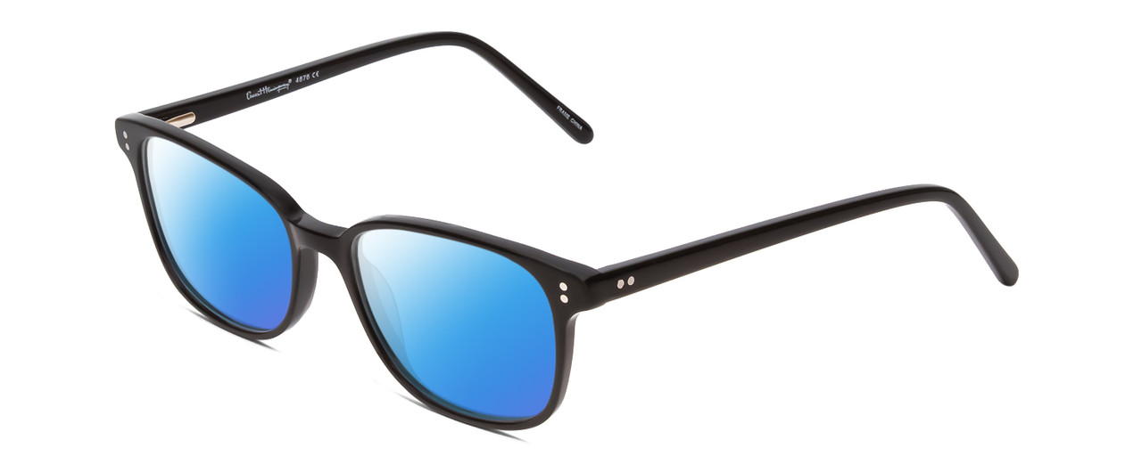 Profile View of Ernest Hemingway H4876 Designer Polarized Sunglasses with Custom Cut Blue Mirror Lenses in Gloss Black/Silver Accents Unisex Cateye Full Rim Acetate 53 mm